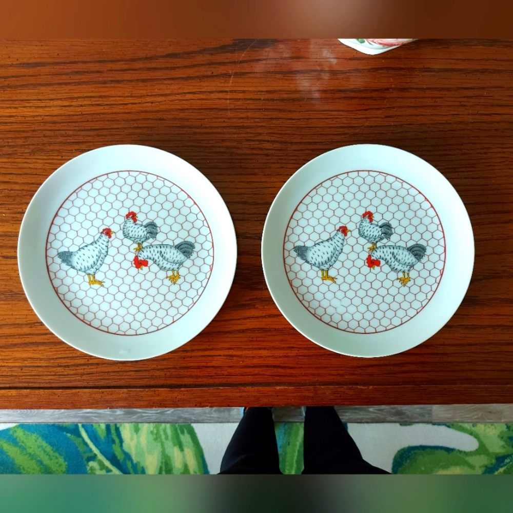Empress by Haruta Salad-Bread Plate Chicken Wire Pattern w Chickens Set of 2 Vtg